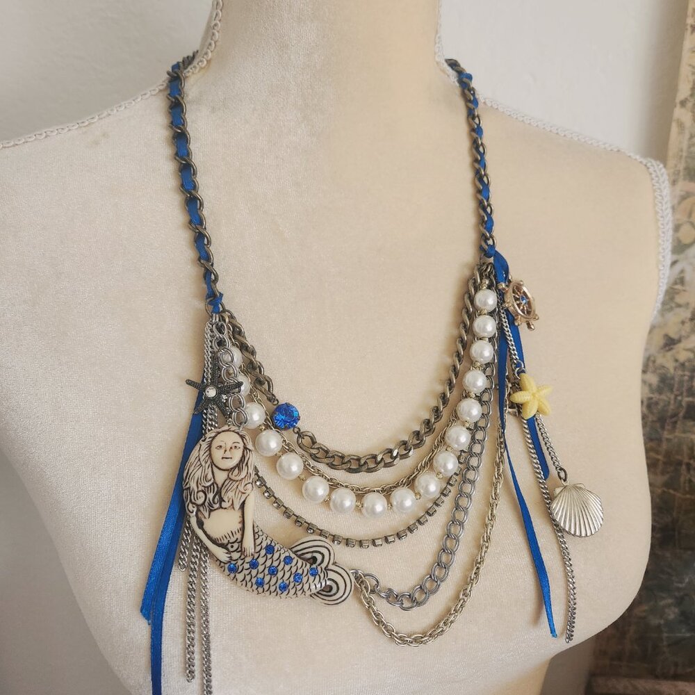 Vintage Betsey Johnson Rare Mermaid Bling Nautical Layered Chain Charm Necklace
